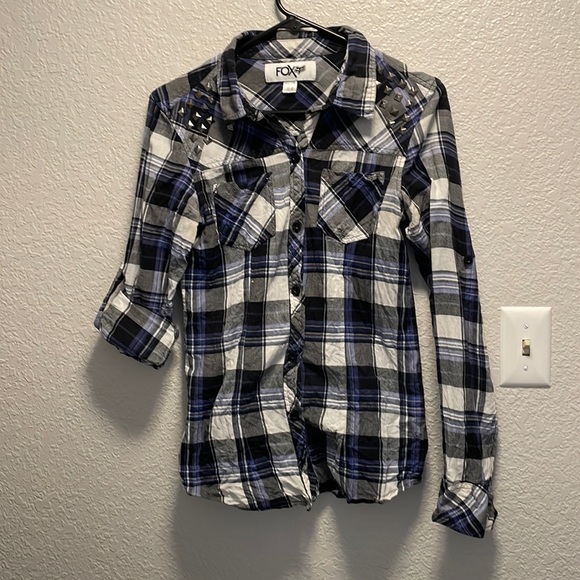Fox Tops - Fox blue plaid shirt with studded detail in front shoulder; size medium.